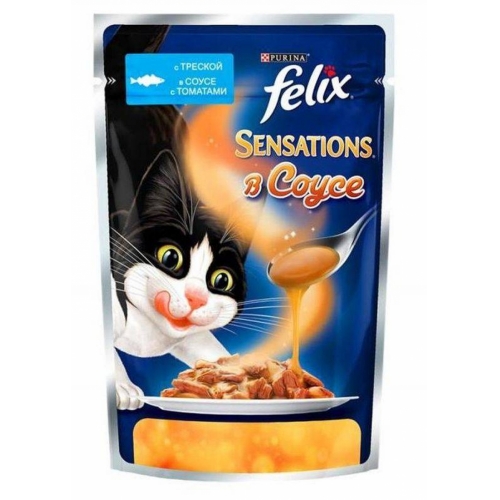 Консервы для кошек Felix Sensations, c треской в соусе с томатами (пауч)(85гр)