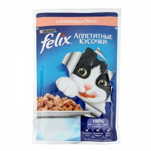 Консервы для кошек Felix Agail, аппетитные кусочки с лососем (пауч)(85гр)