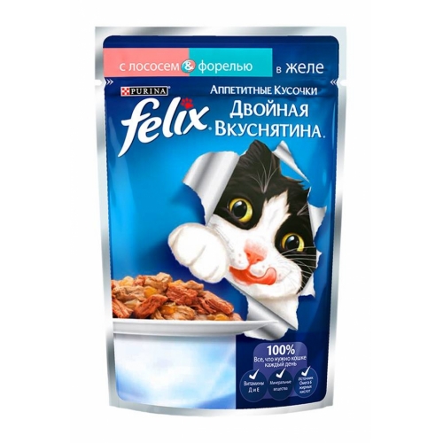 Консервы для кошек Felix Двойной вкус, лосось и форель (пауч)(85гр)