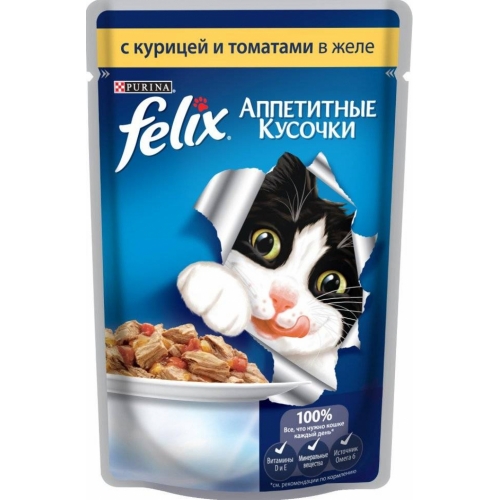 Консервы для кошек Felix Курица с томатами аппетитные кусочки в желе (пауч)(85гр)