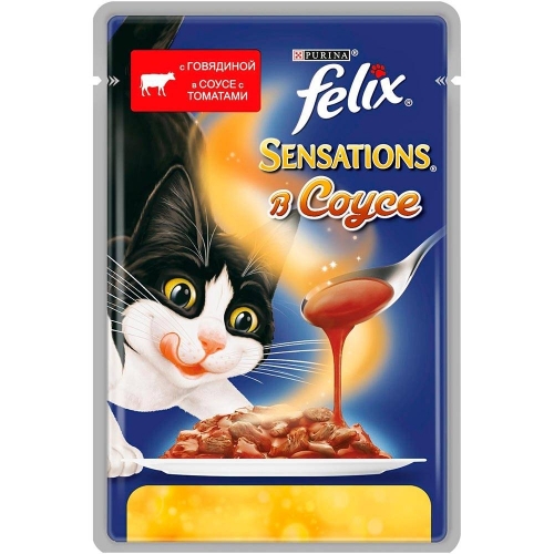 Консервы для кошек Felix Sensations в Удивительном соусе c говядиной и томатами (пауч) (85гр)