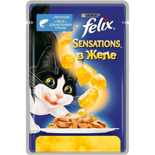 Консервы для кошек Felix Sensations, лосось, треска, кусочки в желе (пауч)(85гр)