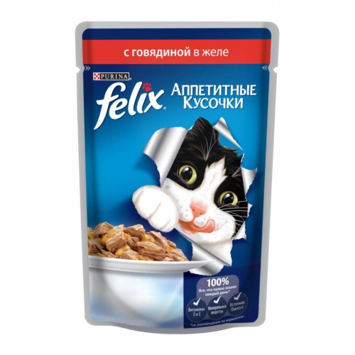 Консервы для кошек Felix Agail, аппетитные кусочки в желе говядина (пауч)(85гр)