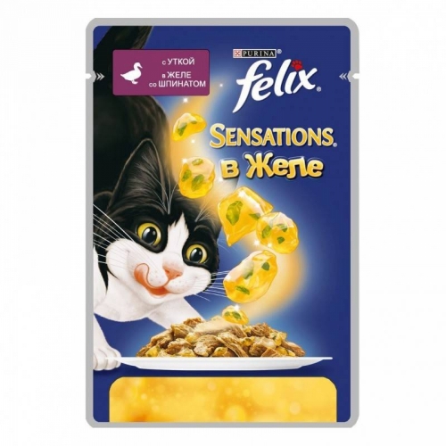 Консервы для кошек Felix Sensations, с уткой в желе со шпинатом (пауч)(85гр)