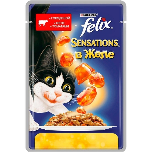 Консервы для кошек Felix Sensations с говядиной в желе с томатами (пауч)(85гр)