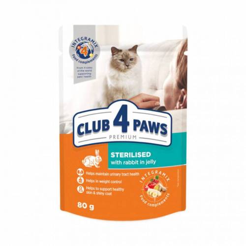 Club 4 Paws влажный корм для стерилизованных кошек с кроликом в желе 80г