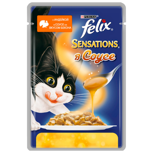 Консервы для кошек Felix Sensations, в Удивительном соусе индейка и бекон (пауч) (85гр)