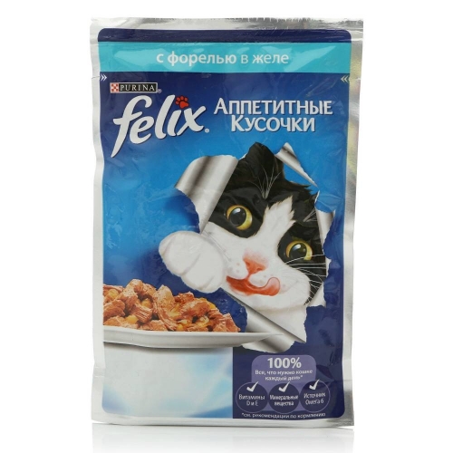 Консервы для кошек Felix Agail, аппетитные кусочки в желе форель (пауч)(85гр)