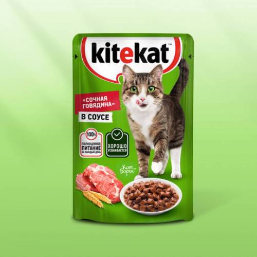 Влажный корм для кошек Kitekat с говядиной в соусе, 85г