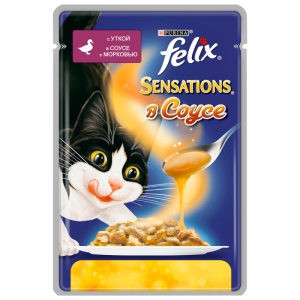 Консервы для кошек Felix Sensations, в Удивительном соусе утка, морковь (пауч) (85гр)